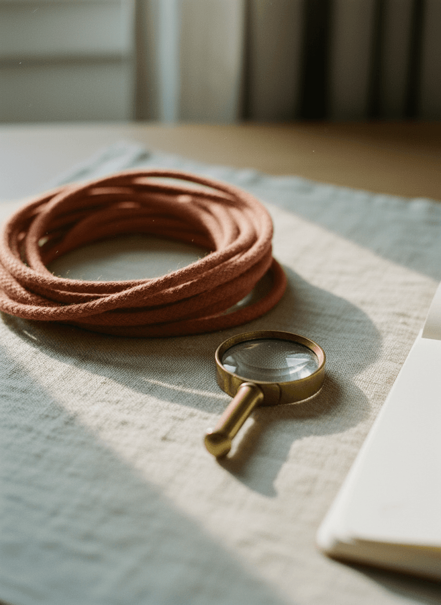 Cordon terracotta emmêlé sur tissu de lin avec une loupe en laiton — phase d'observation shadow
