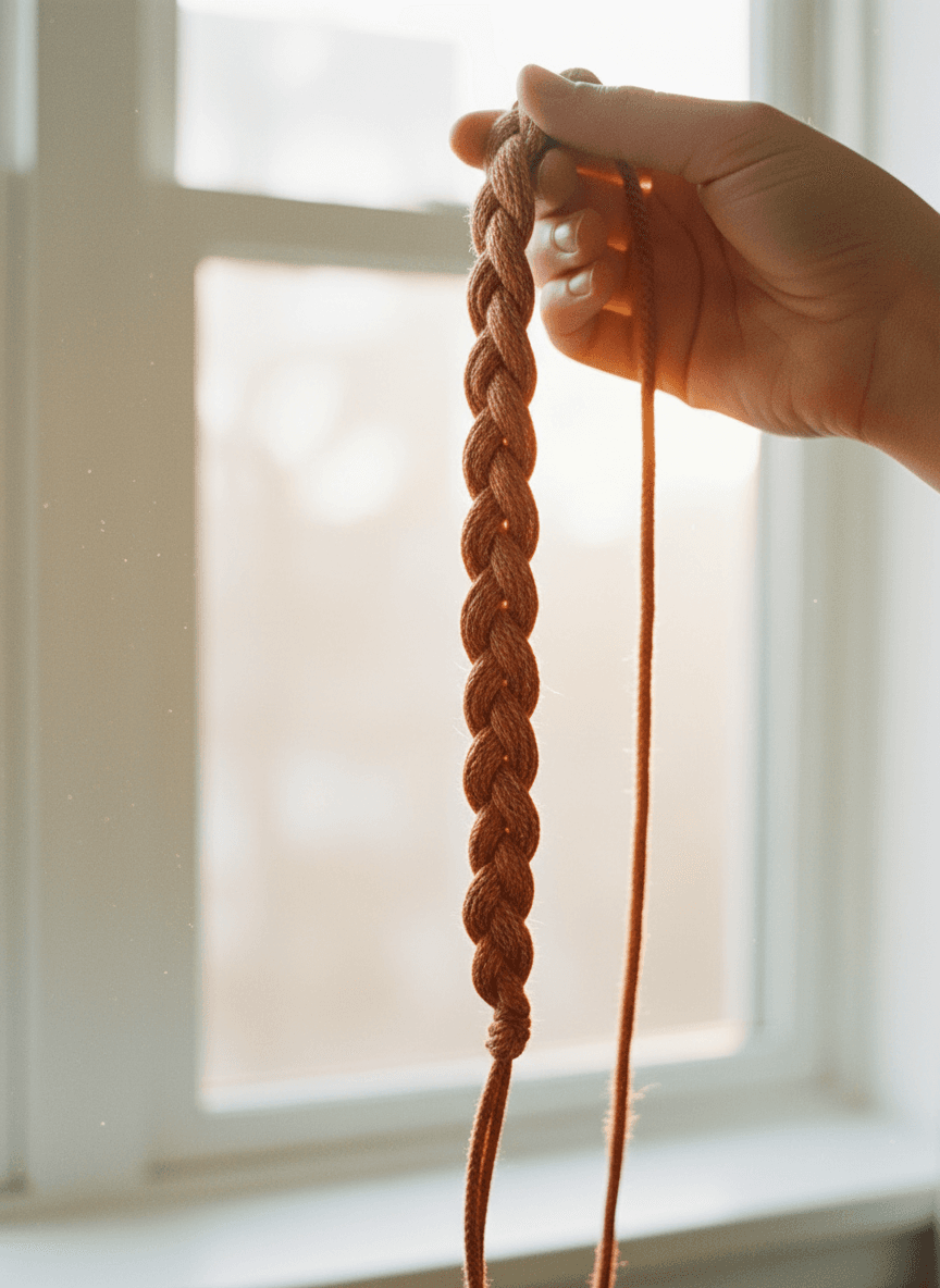 Main tenant une tresse terracotta-cuivre achevée contre la lumière d'une fenêtre — intégration complète
