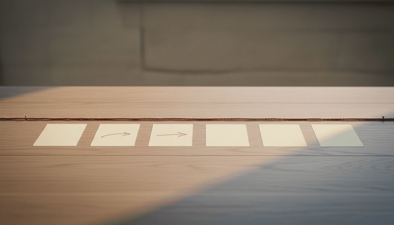 Cartes de processus alignées sur un bureau en chêne avec un cordon terracotta tendu en parallèle — la documentation du workflow